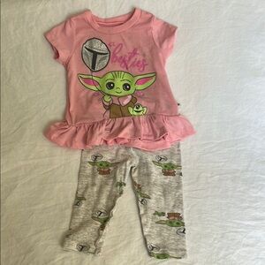Pink Baby Yoda Outfit with Gray Leggings